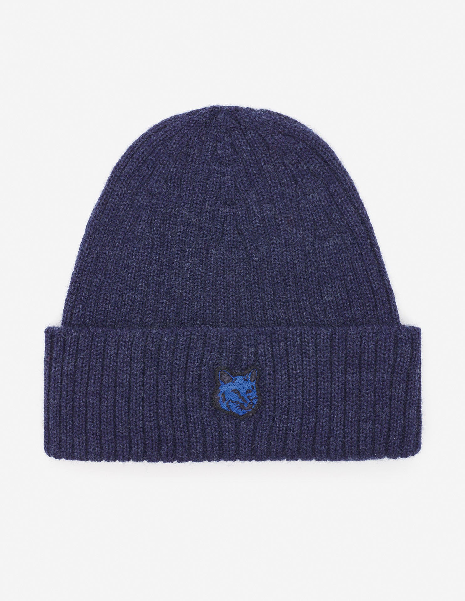 Mens | Bold Fox Head Patch Ribbed Wool Beanie | Ink Blue