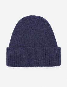 Mens | Bold Fox Head Patch Ribbed Wool Beanie | Ink Blue