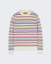 Lodge Crew - Cream Combo jacquard crewneck sweater with rib cuffs and hem in cashmere blend knit.