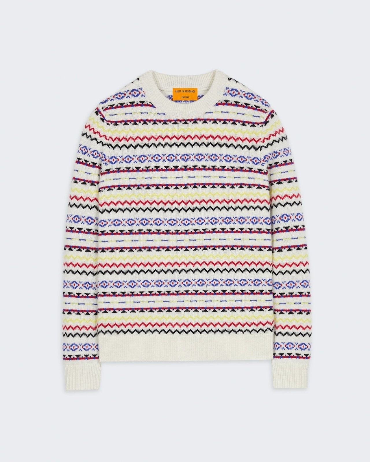 Lodge Crew - Cream Combo jacquard crewneck sweater with rib cuffs and hem in cashmere blend knit.