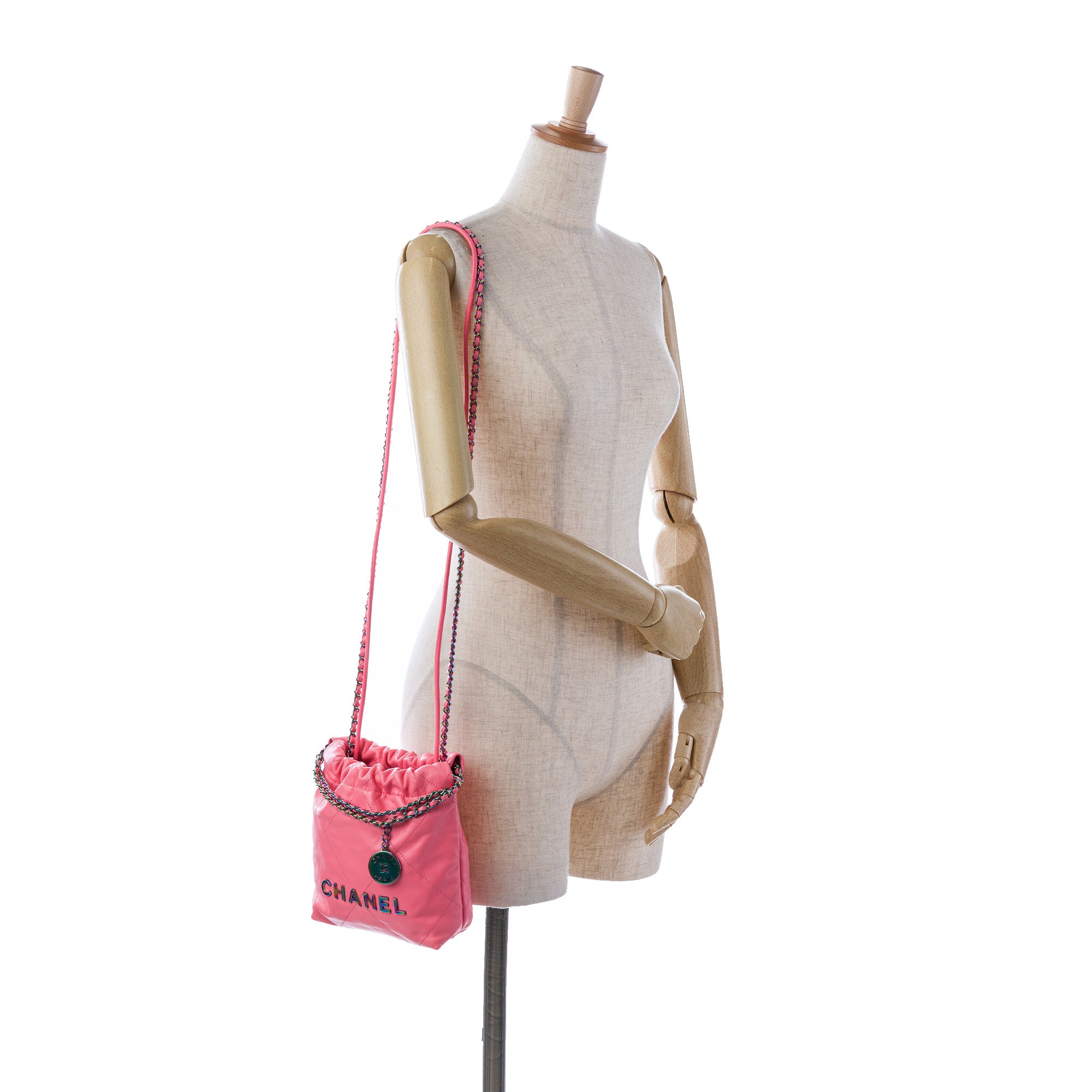 Chanel | Pre-Owned Mini Shiny Calfskin Rainbow Hardware 22 Handbag | Pink