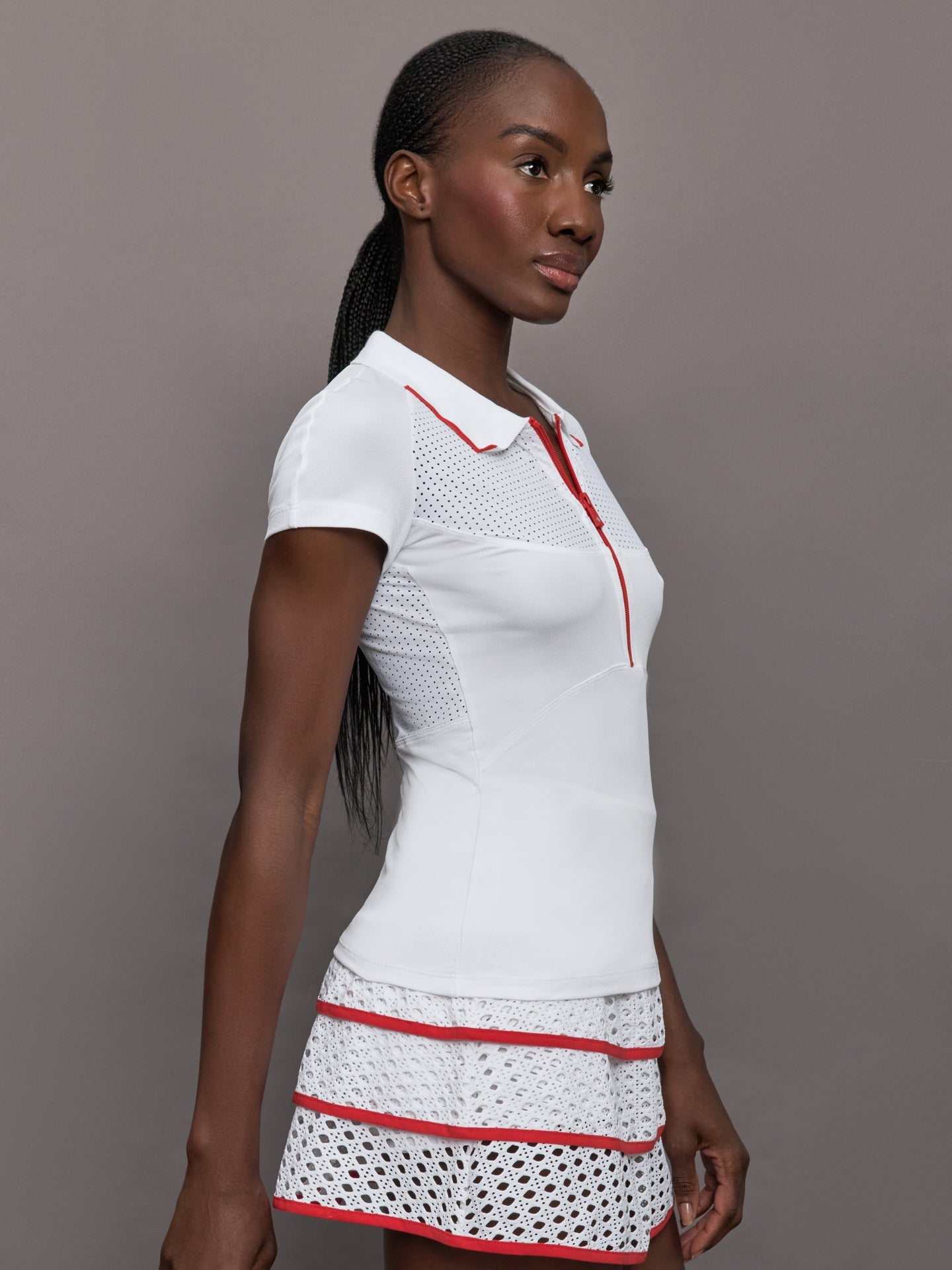 Mesh Zip Performance Polo | White With Red Trim