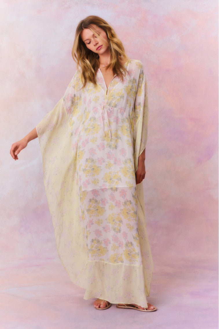 Womens | Lupine Chiffon Mixed Print Kaftan | Peachy Sunrise