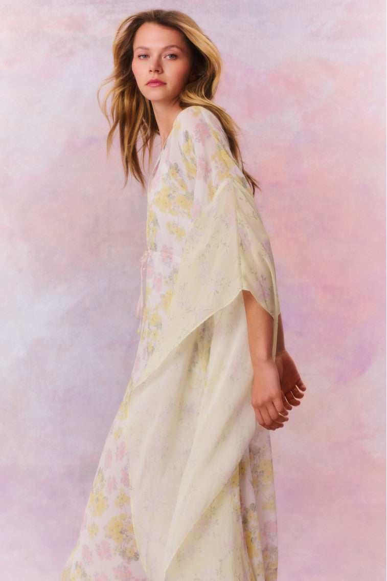 Womens | Lupine Chiffon Mixed Print Kaftan | Peachy Sunrise