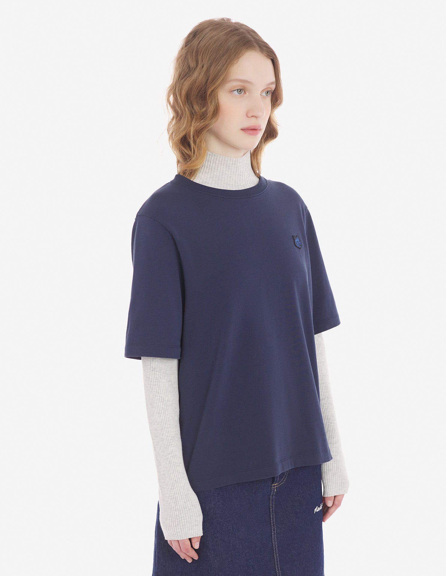 Womens | Bold Fox Head Patch Short-Sleeve Comfort Jersey Tee-Shirt | Ink Blue
