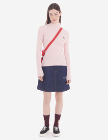 Womens | Bold Fox Head Patch Fine Ribbed Turtleneck Cotton And Wool Pullover | Pale Pink