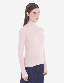 Womens | Bold Fox Head Patch Fine Ribbed Turtleneck Cotton And Wool Pullover | Pale Pink