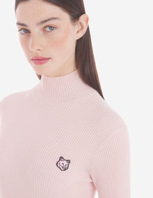 Womens | Bold Fox Head Patch Fine Ribbed Turtleneck Cotton And Wool Pullover | Pale Pink