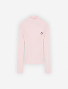 Womens | Bold Fox Head Patch Fine Ribbed Turtleneck Cotton And Wool Pullover | Pale Pink