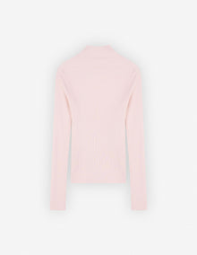 Womens | Bold Fox Head Patch Fine Ribbed Turtleneck Cotton And Wool Pullover | Pale Pink