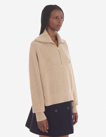 Womens | Bold Fox Head Patch Half Zip Ribbed Merino Wool-Blend Jumper | Beige Melange