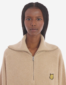 Womens | Bold Fox Head Patch Half Zip Ribbed Merino Wool-Blend Jumper | Beige Melange