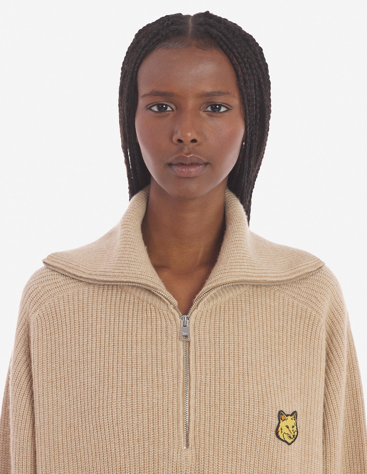 Womens | Bold Fox Head Patch Half Zip Ribbed Merino Wool-Blend Jumper | Beige Melange