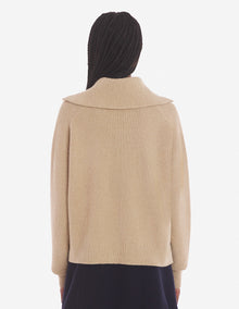 Womens | Bold Fox Head Patch Half Zip Ribbed Merino Wool-Blend Jumper | Beige Melange