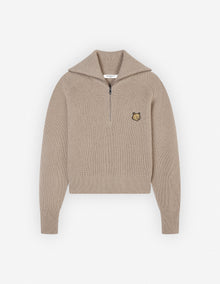 Womens | Bold Fox Head Patch Half Zip Ribbed Merino Wool-Blend Jumper | Beige Melange