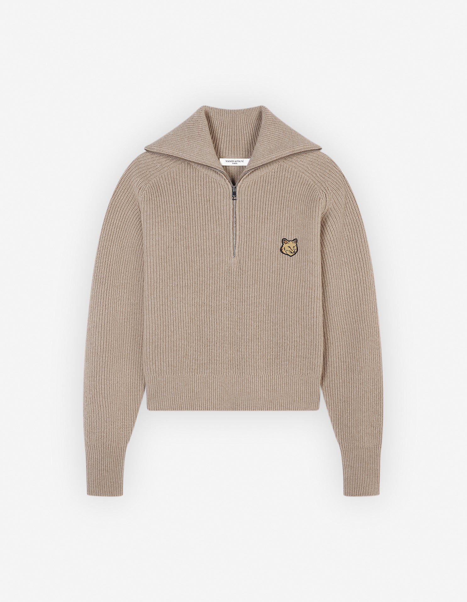Womens | Bold Fox Head Patch Half Zip Ribbed Merino Wool-Blend Jumper | Beige Melange