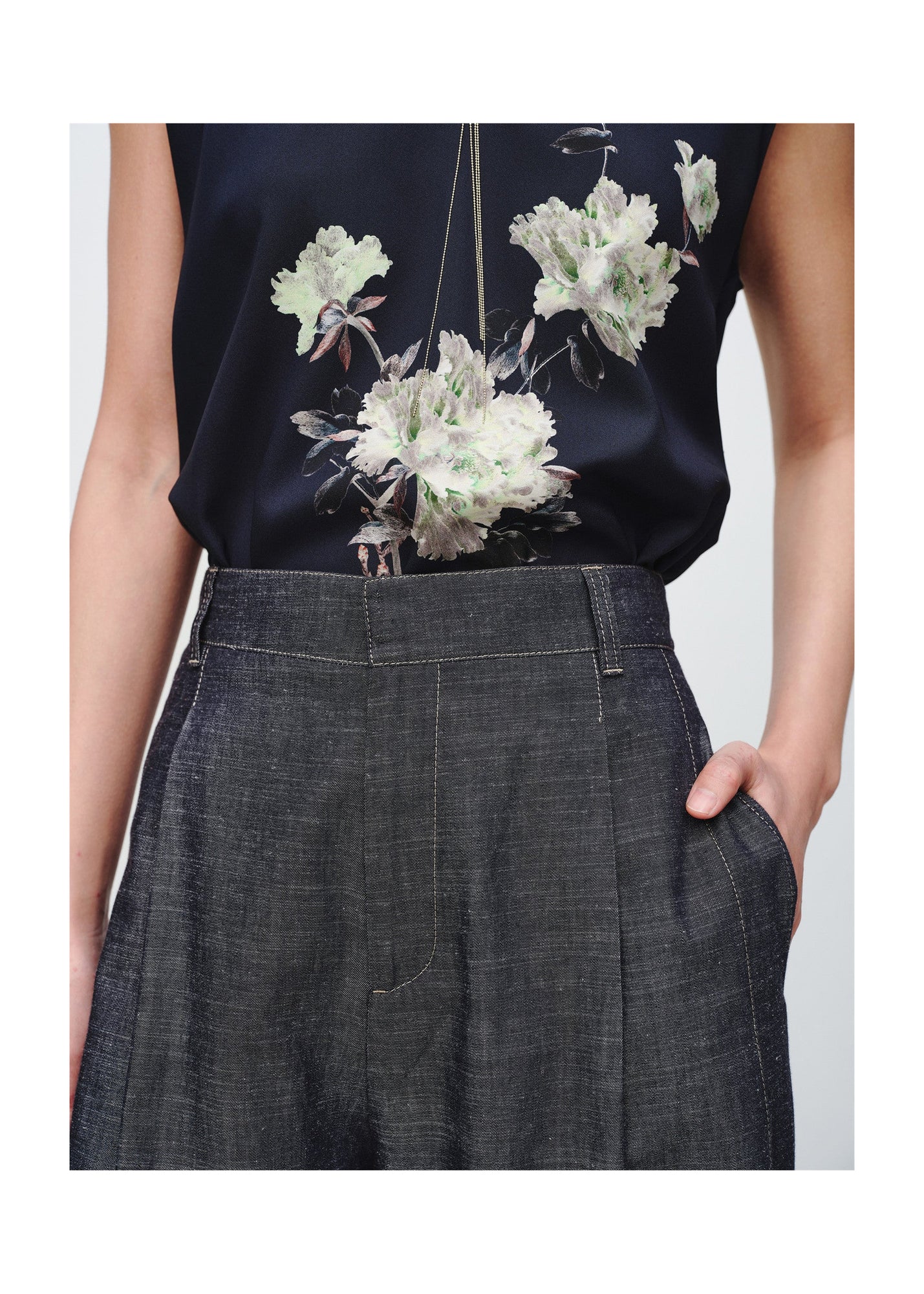 Linen-Cotton Cropped Pants | Navy