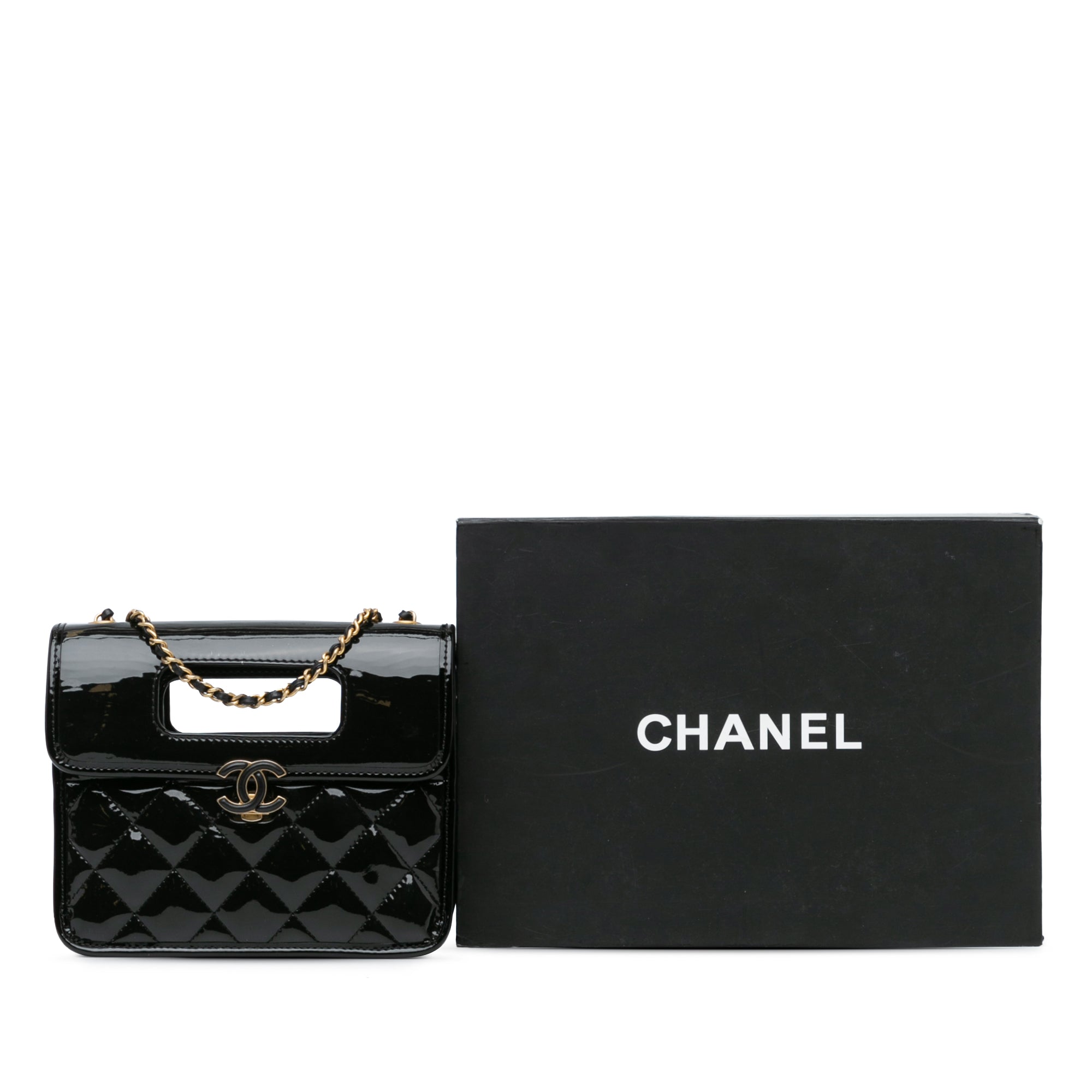 Chanel | Pre-Owned Mini Quilted Patent Graphic Catch Flap | Black