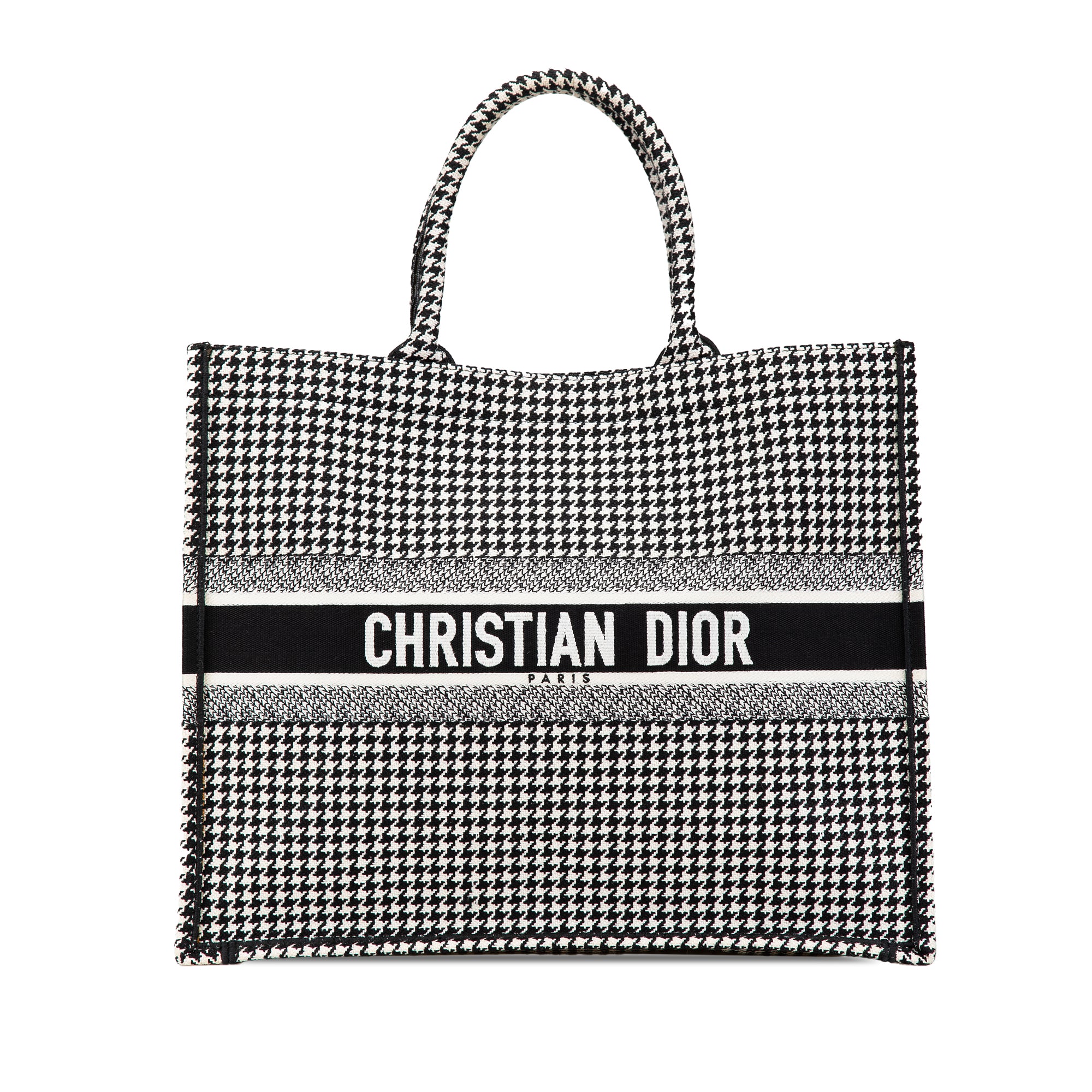 Dior | Pre-Owned Large Canvas Houndstooth Embroidered Book Tote - II | Black
