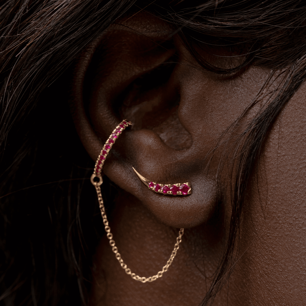 Women | Ruby Pavé Ear Cuff & Chain | 14k Yellow Gold