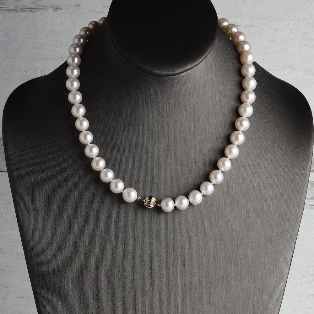 AAA Quality Round Strand Necklace | 14K Yellow Gold | White Freshwater Pearl10mm - 11mm