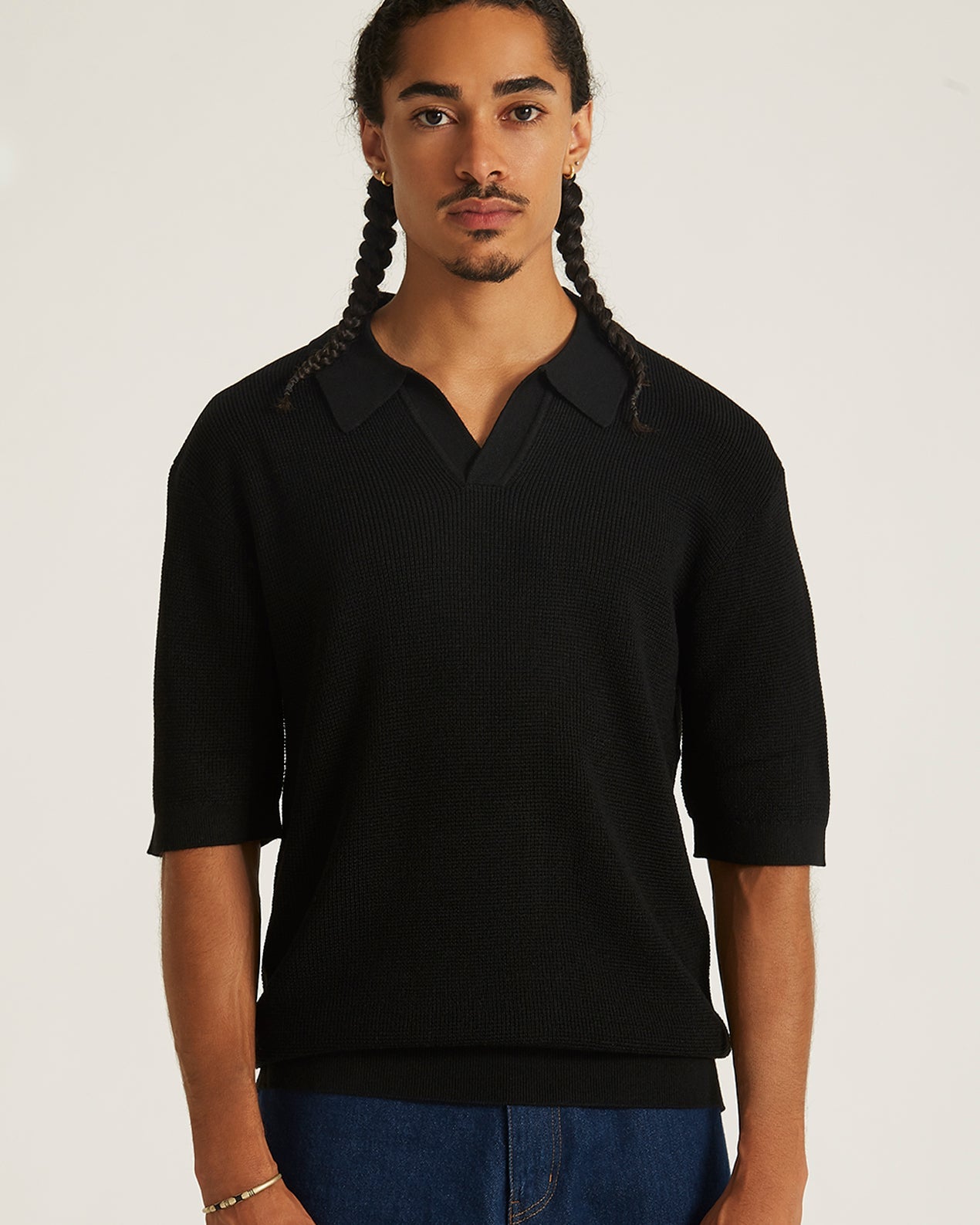 Black | Alex Merino Wool Open Placket Polo