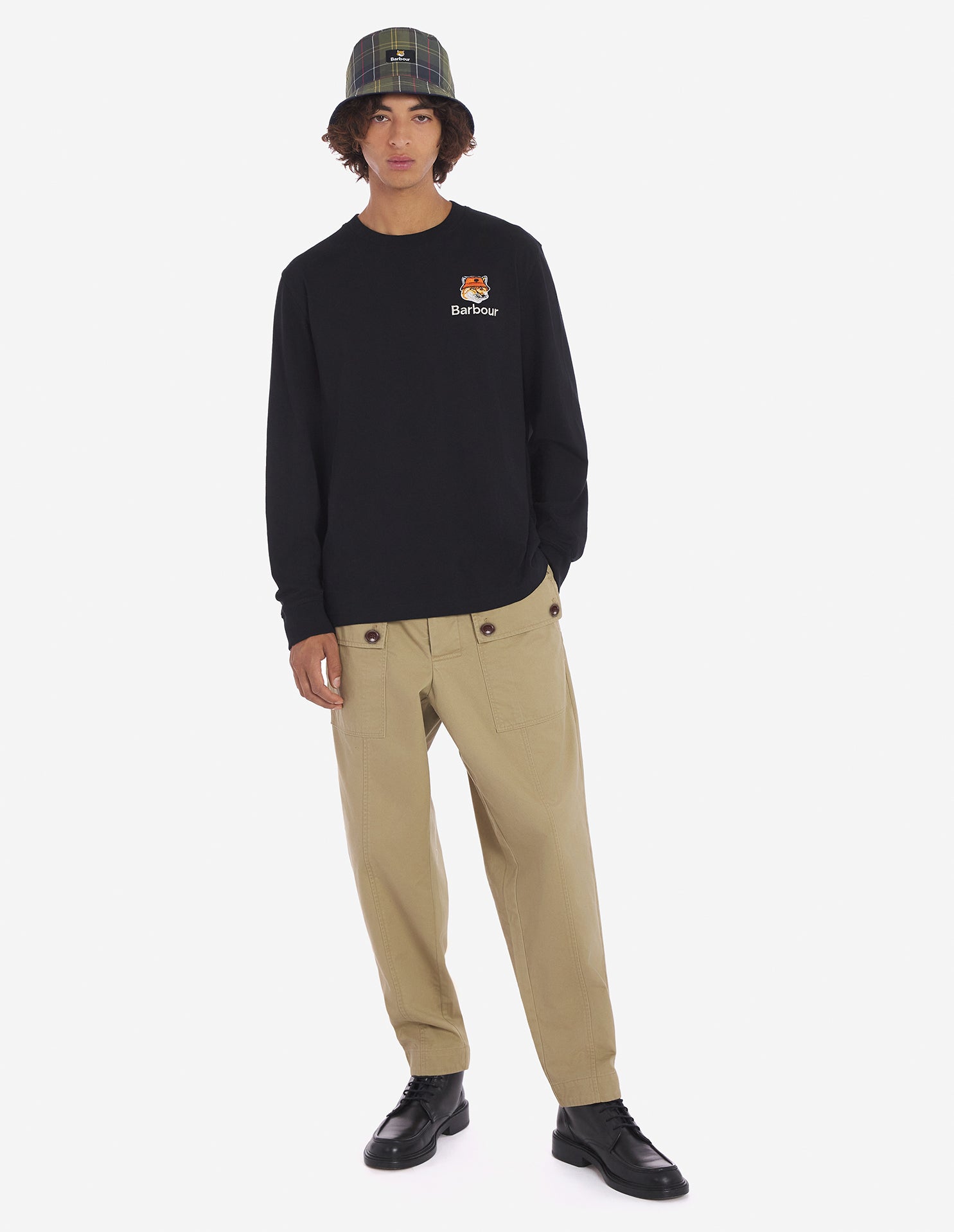 Mens | Maison Kitsune | Barbour Fox Head Long-Sleeve Cotton Tee-Shirt | Black