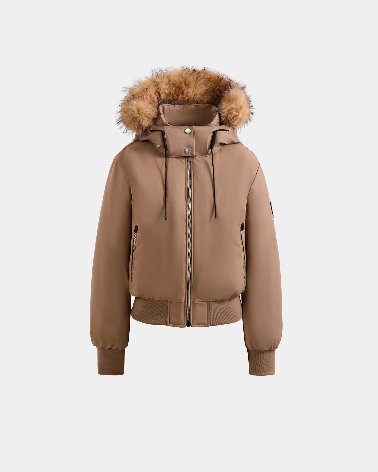 The MAUDE - L124522 Sand by Rudsak is a tan women’s down bomber with premium insulation, fur-lined hood, front zipper, ribbed cuffs and hem, two side pockets, and a high collar for warmth and style.