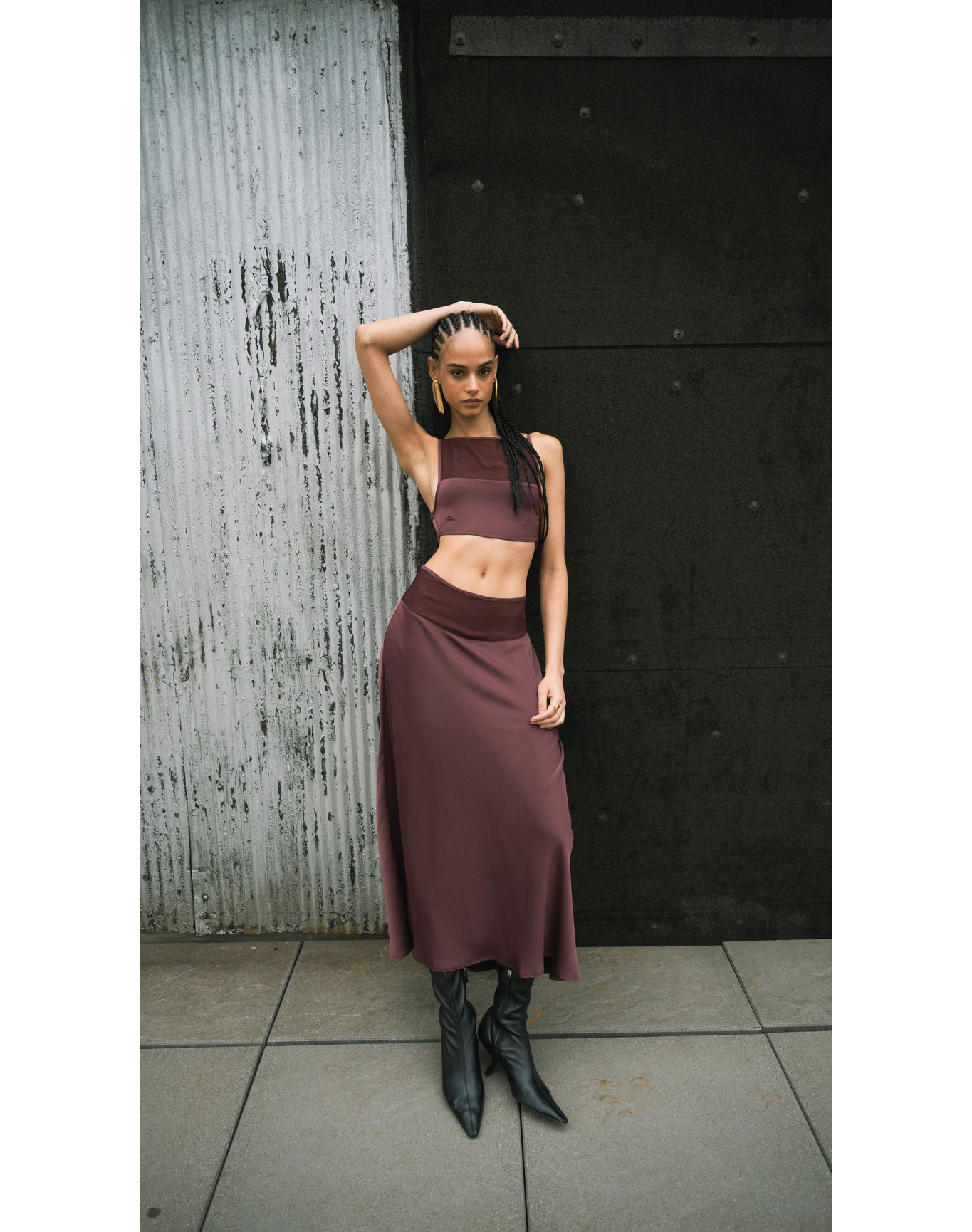 Midi Chiffon Cutout Skirt | Merlot
