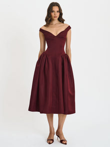 Omella Ruched Bust Sweetheart Flared Midi Dress | Burgundy