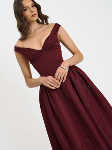 Omella Ruched Bust Sweetheart Flared Midi Dress | Burgundy