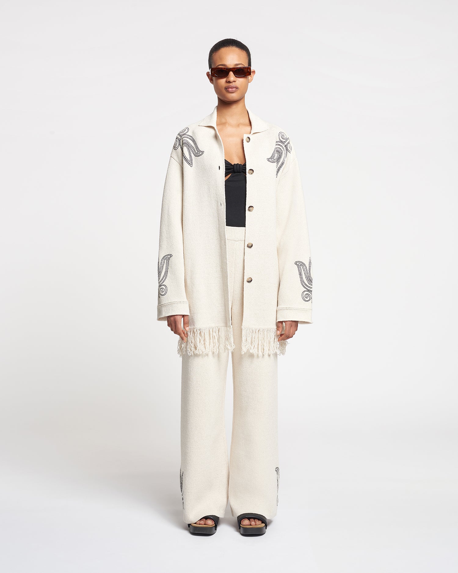 Dillian Embroidered Textured-Linen Cardigan | Natural/Black