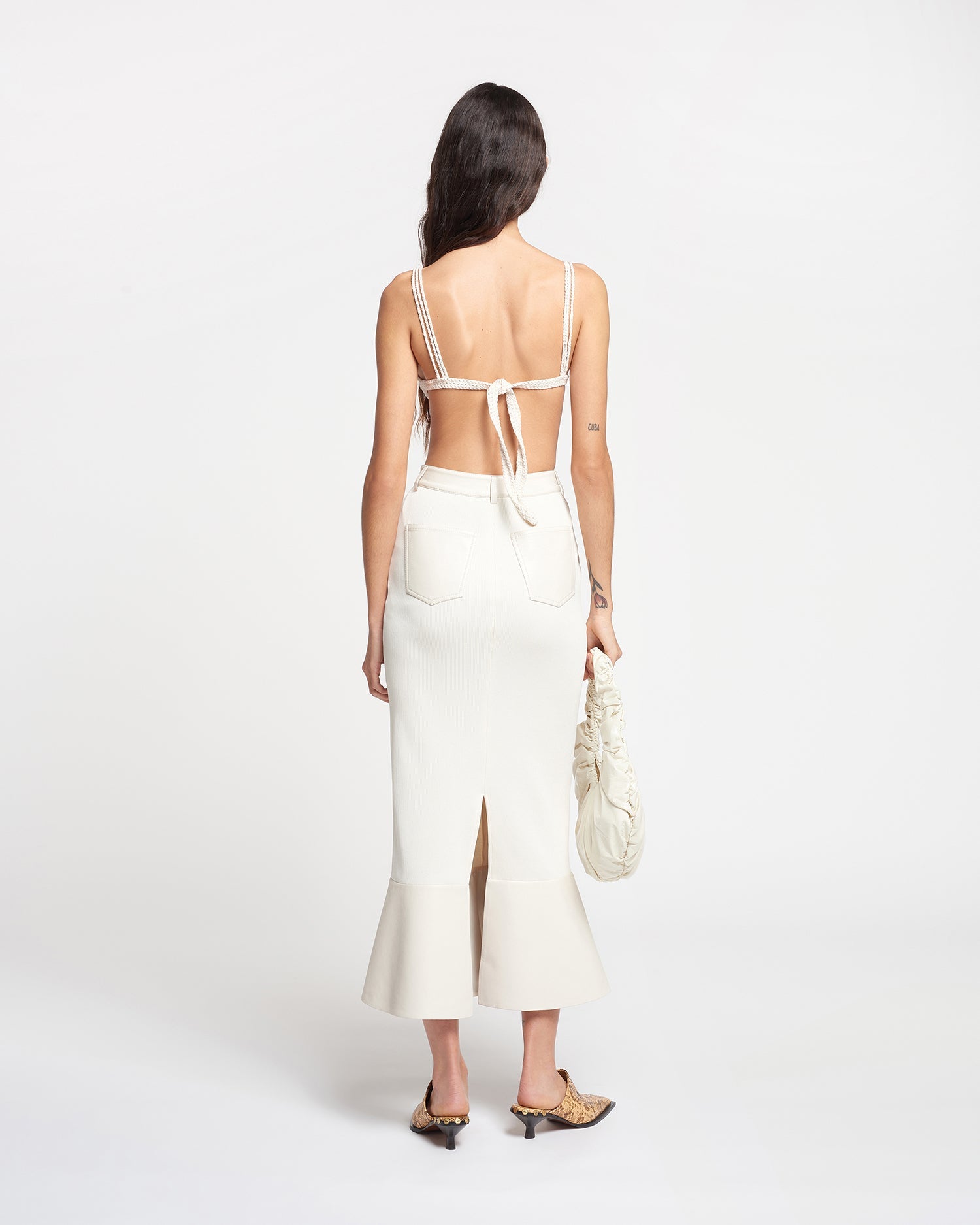 Jenace Leather-Trimmed Ribbed-Jersey Skirt | Creme