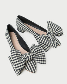 Noa Black/White Gingham Bow Flat in black/white gingham cotton.