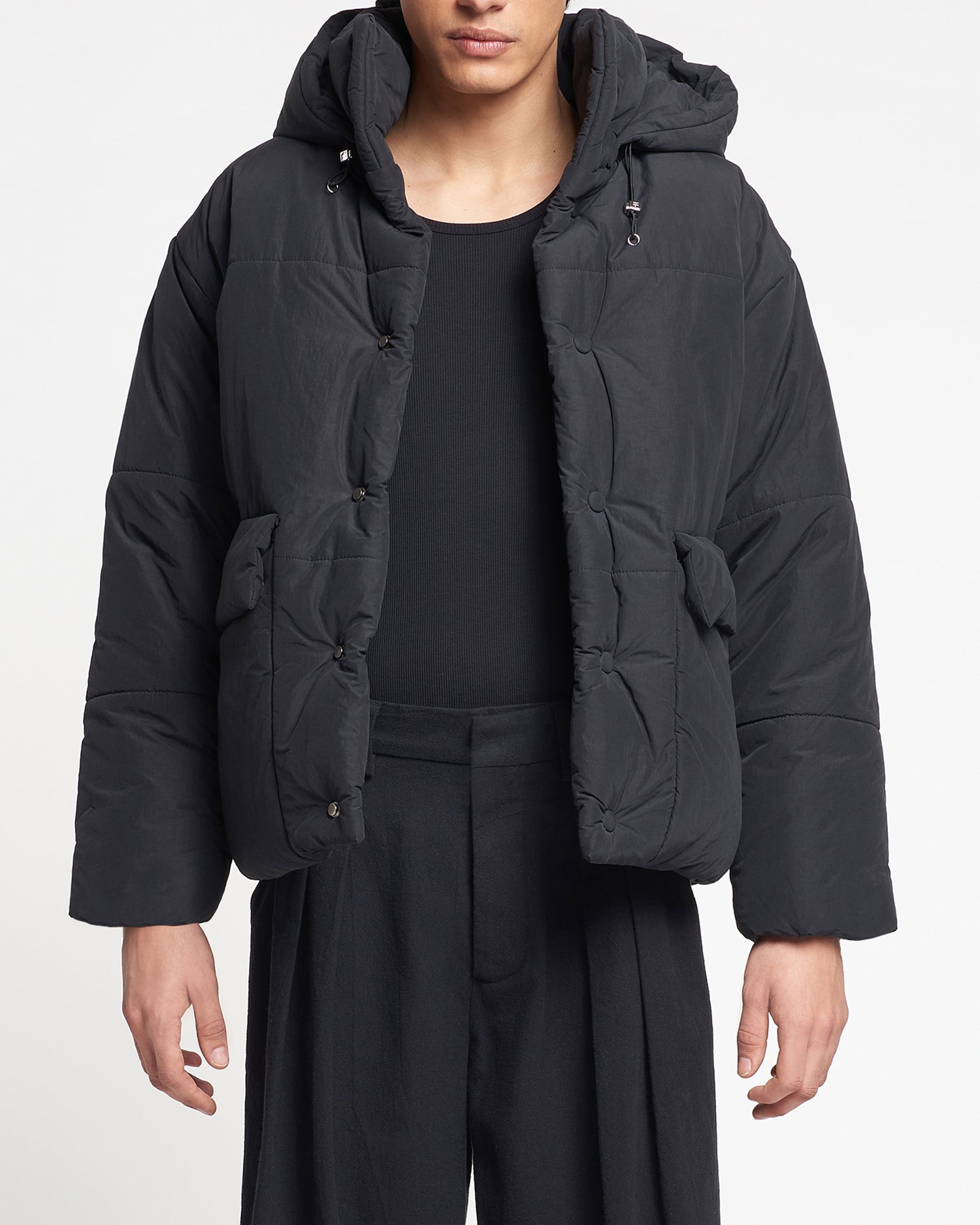 Hide Hood Tech Poplin Hooded Puffer Jacket | Black