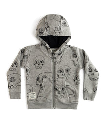 Kid | Scribbled Skulls Zip Hoodie | Heather Grey