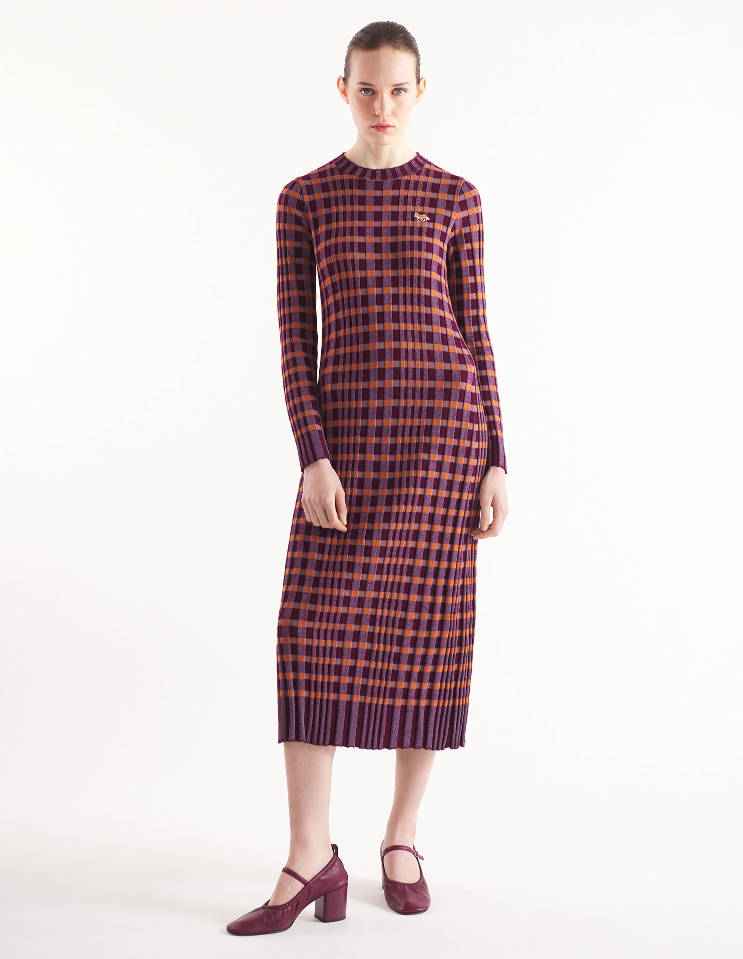 Womens | Checked Ribbed Long Knit Dress | Redstar/Aster
