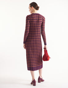 Womens | Checked Ribbed Long Knit Dress | Redstar/Aster
