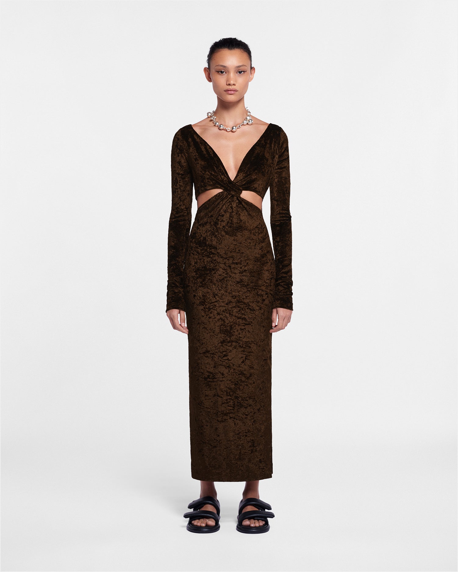 Zanee Cut-Out Crushed-Velvet Dress | Dark Brown