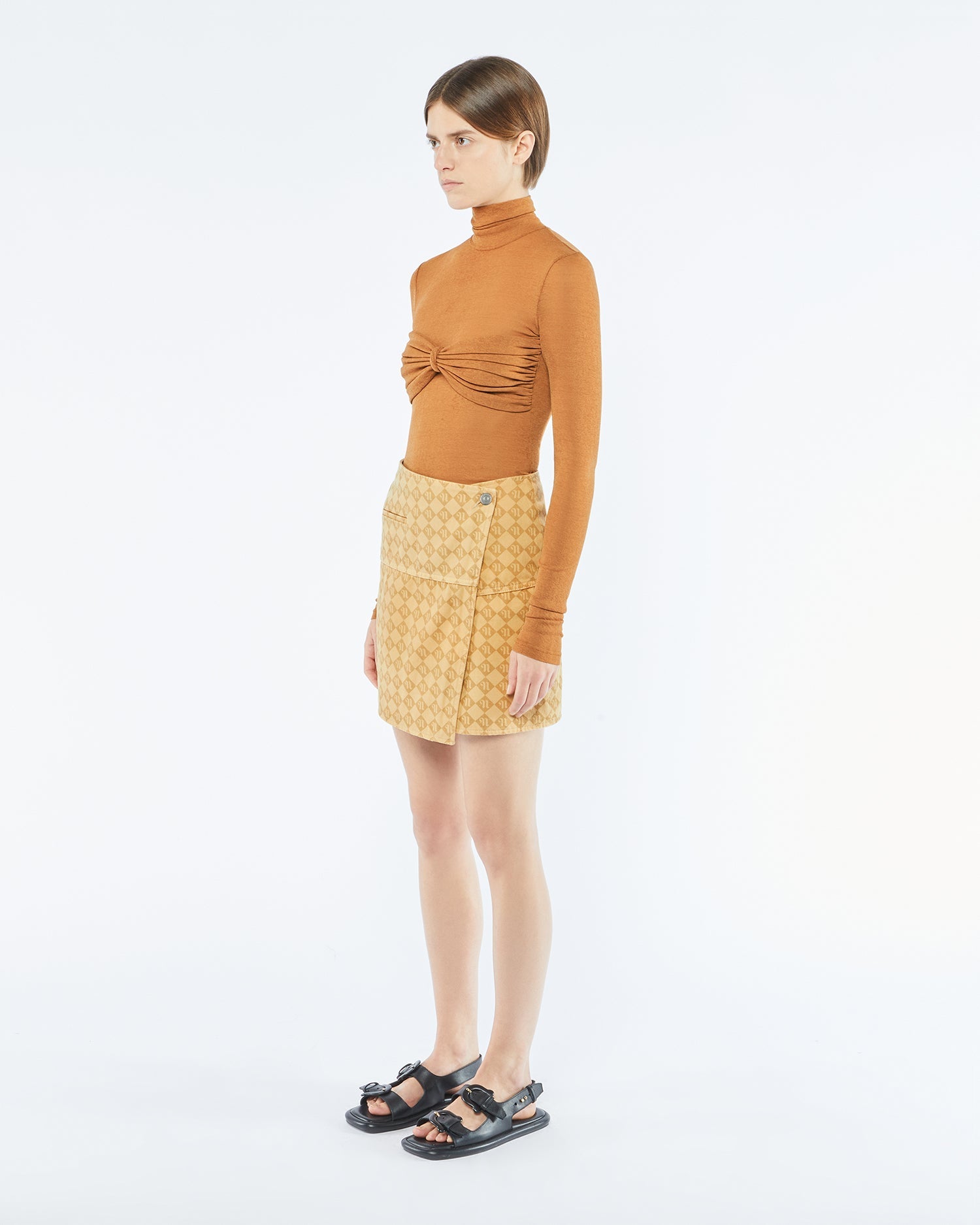 Casna Laser Faded Monogram Camel Skirt | Denim