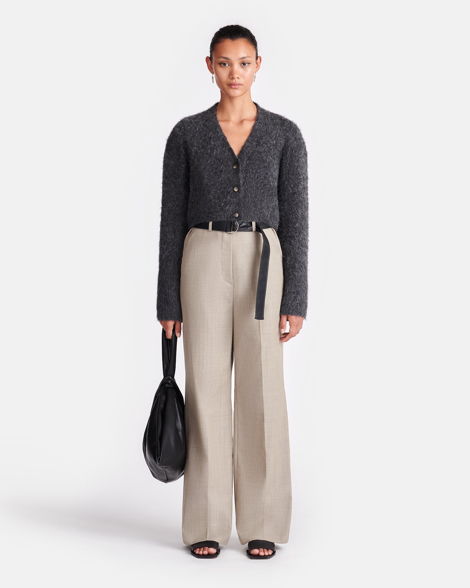 Ulani Leather And Twill Suiting Wide-Leg Pants | Taupe/Black