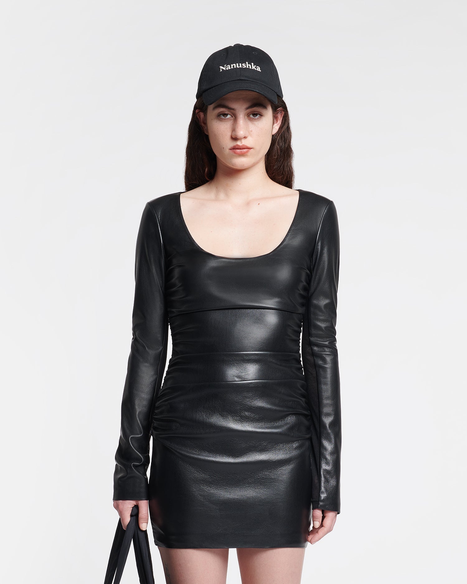 Sosha Ruched Okobor Alt-Leather Mini Dress | Black