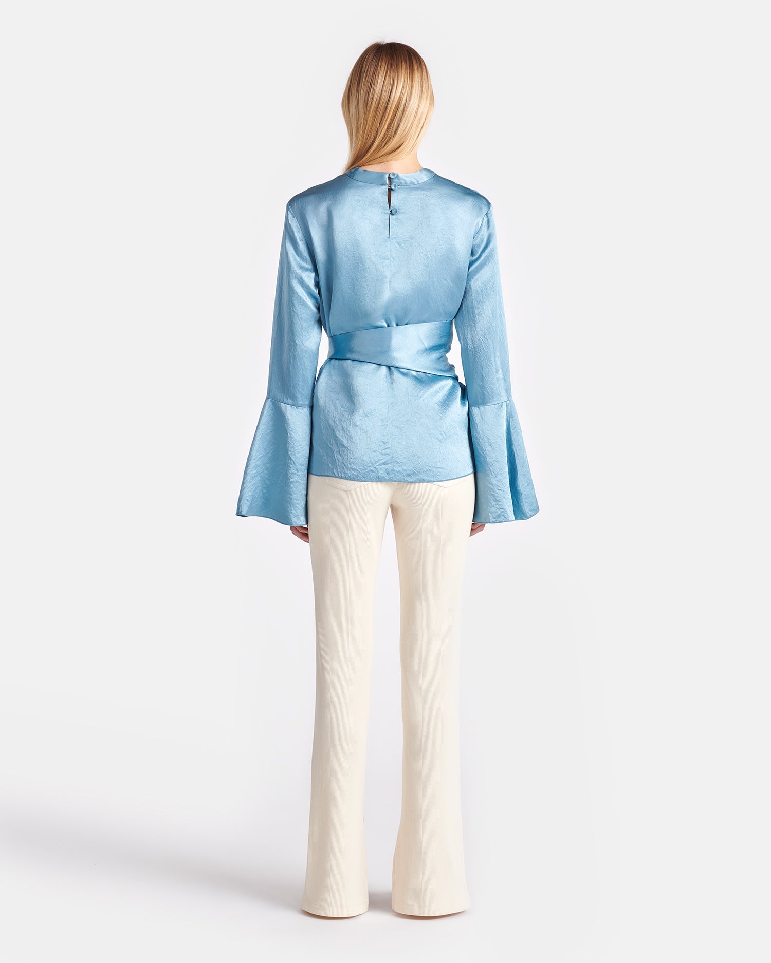 Ilone Belted Crinkled-Satin Top | Aqua