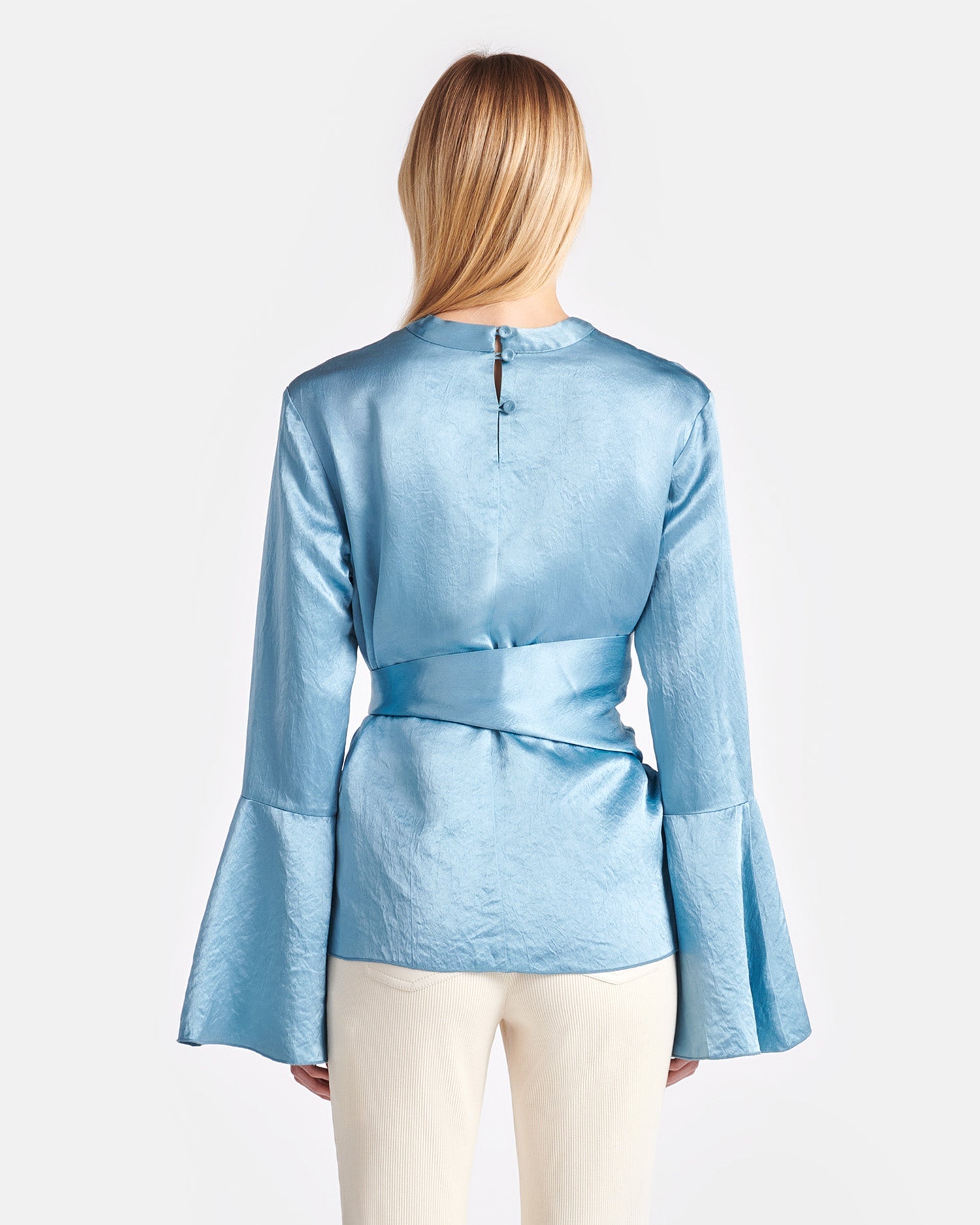 Ilone Belted Crinkled-Satin Top | Aqua