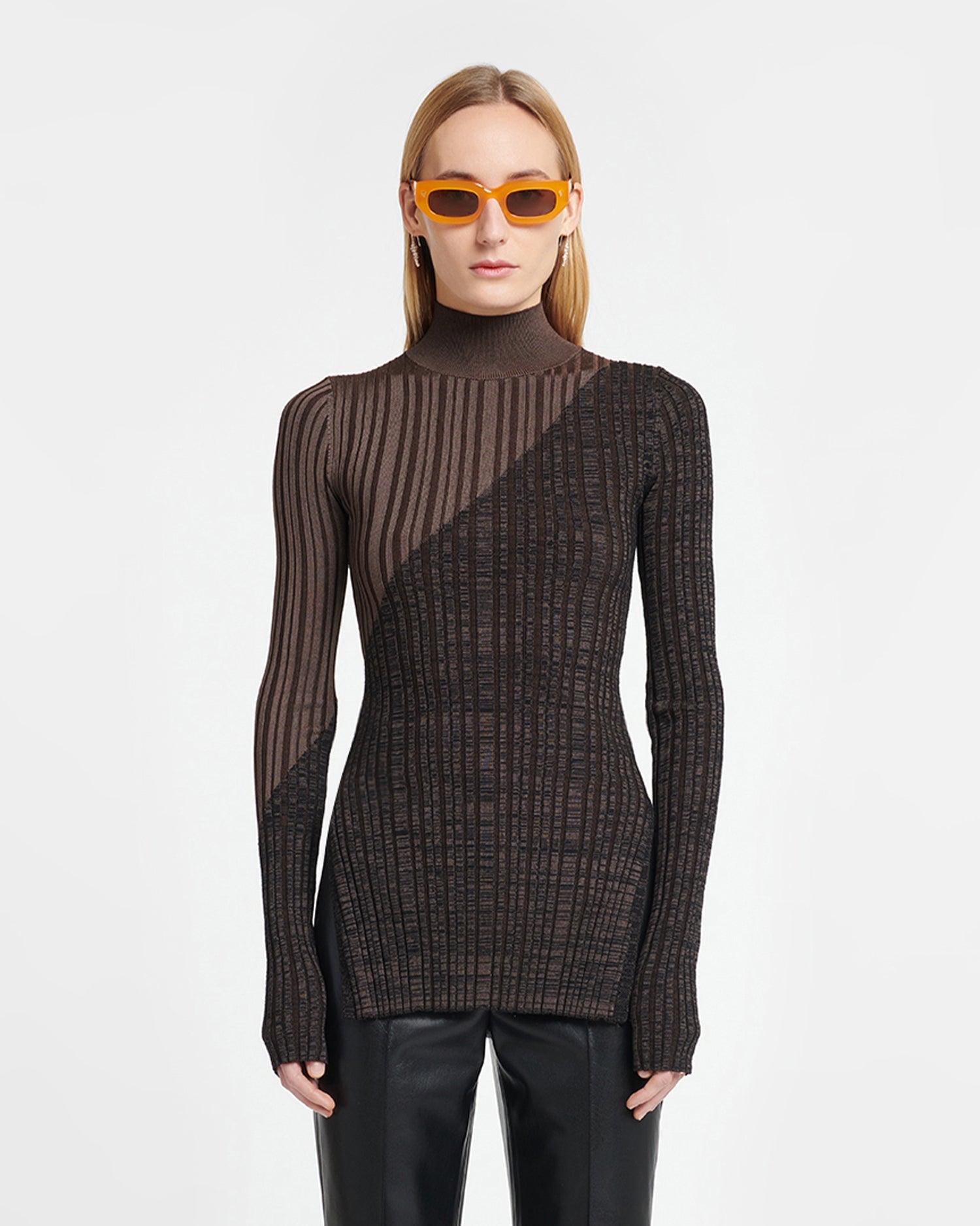 Zareen Ribbed Merino Wool Turtleneck Top | Fossil/Black