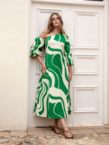 Printed Cotton Poplin Niva Dress | Luze Olive