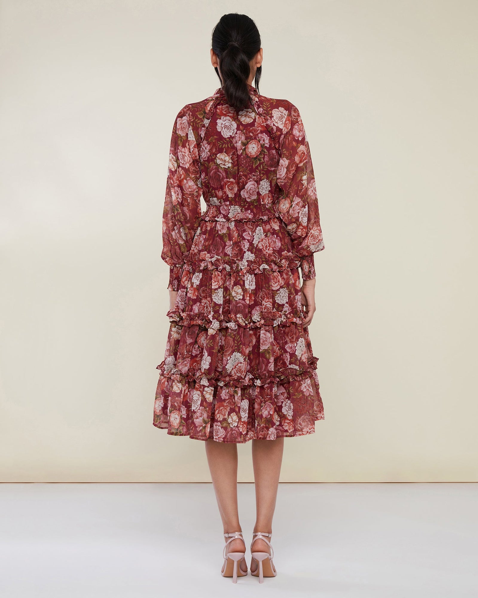 Smocked Ruffle Midi Dress | Wine Red Floral