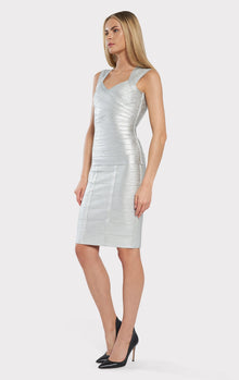 High Waisted Bandage Pencil Skirt Foil | Silver Foil