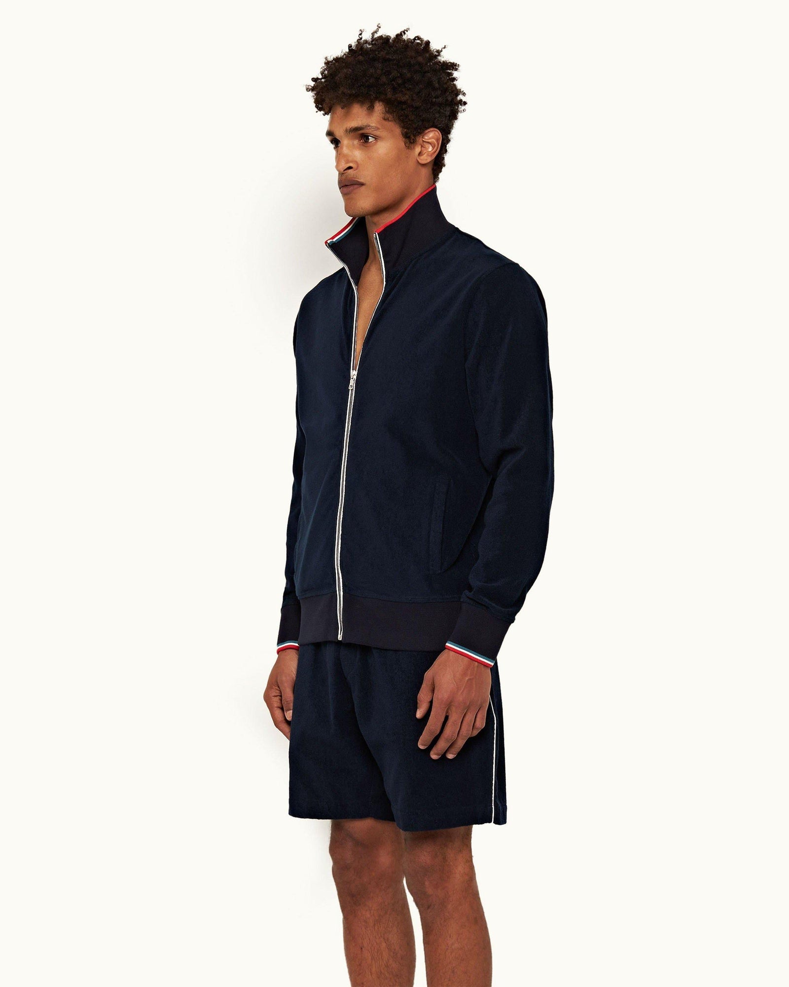 Navy O.B Stripe Tipping Towelling Sweat Shorts | Navy