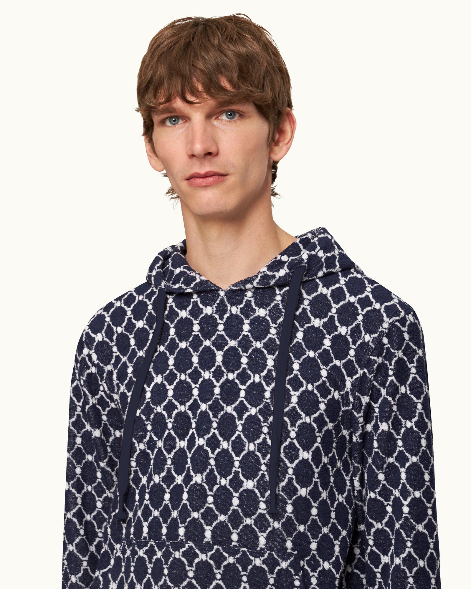 Blaine Towelling Midnight Navy Geometric Tile Hooded Towelling Sweatshirt | Midnight Navy